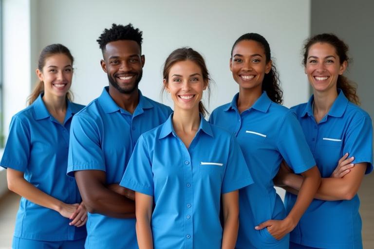 Smiling group of uniformed cleaning staff