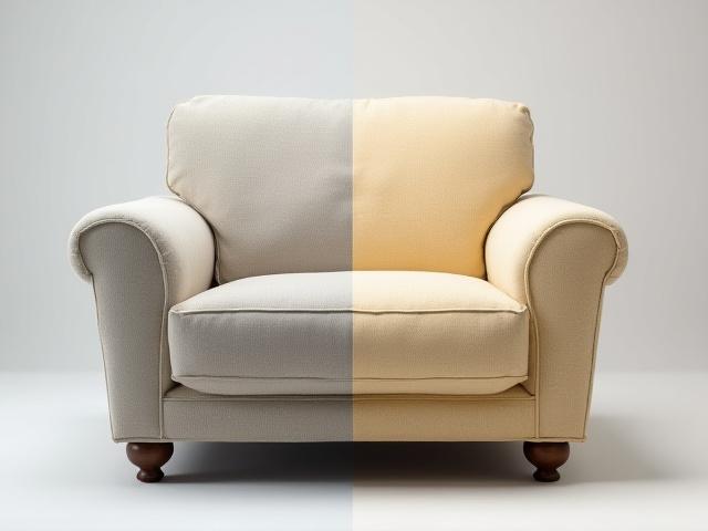 Before and after of a grimy, dark fabric armchair restored to its clean and vibrant state.