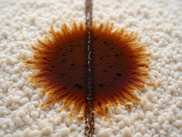 Dramatic before and after of a coffee stain removed from a light-coloured carpet.