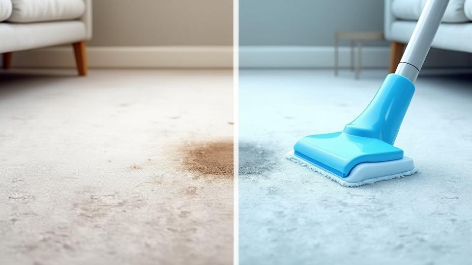 Before and after of a professional carpet cleaning, showing a dirty, stained carpet on one side and a clean, vibrant section on the other.