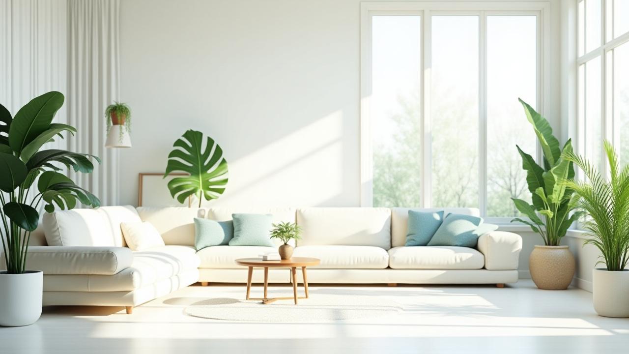 Fresh, green plants in a spotless living room, bathed in natural light, symbolizing eco-friendly cleaning.